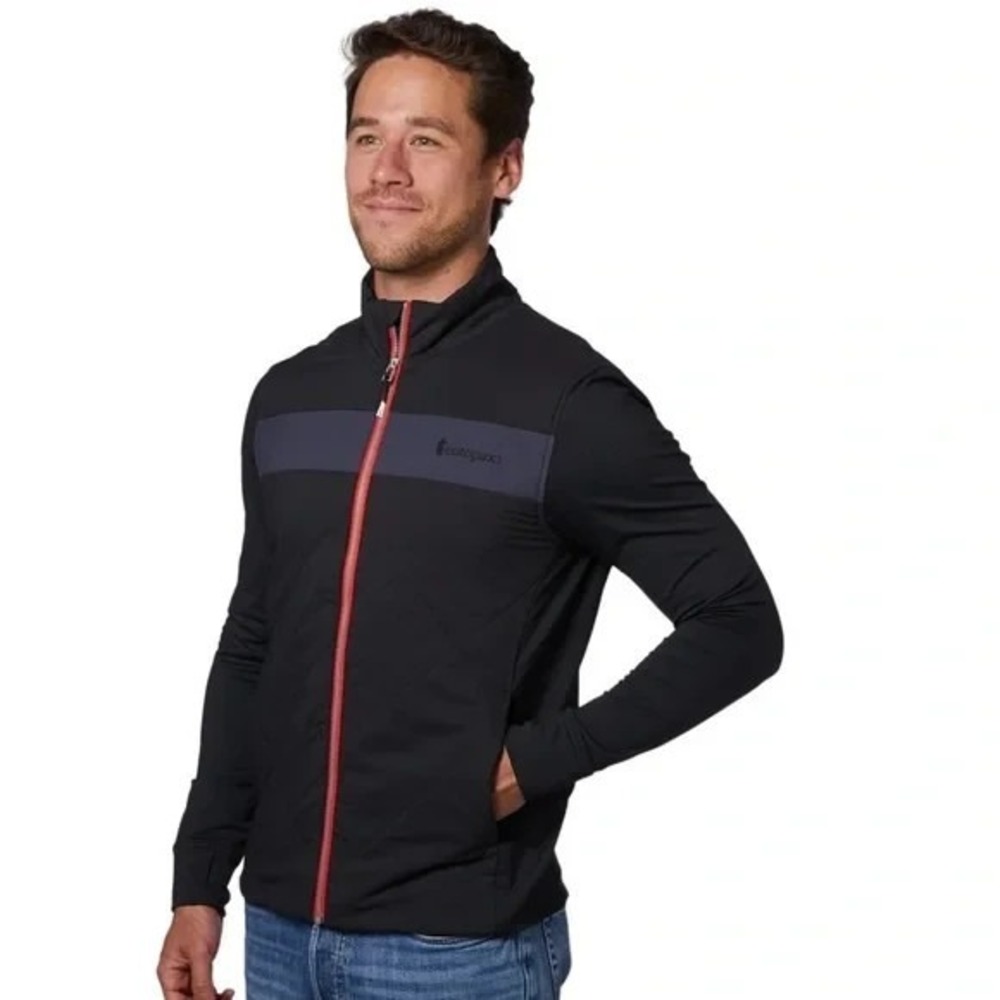 cotopaxi monte hybrid Black Jacket with Navy gray Stripe and Red Zipper